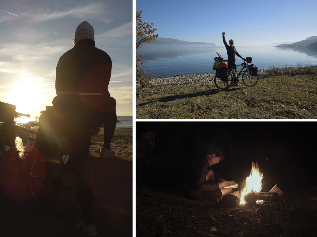 Izquierda: Amanecer Palavas-Les-Flots (Francia) / Abajo: Poniendo el diario al día en Pirovac (Croacia) / Arriba: A orillas del lago Ohrid (Macedonia)